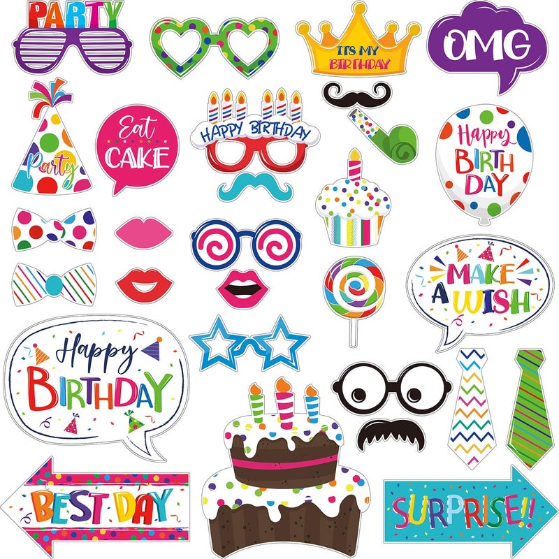 Frienda 29 Pieces Birthday Photo Booth Props Kit Colorful Funny Kids Birthday Theme Table Centerpiece Craft Cutouts with Glue Point Dots and Wooden Dowel Sticks for Party Celebration Decorations - Image 1